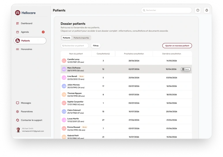 Interface du dossier patient Hellocare