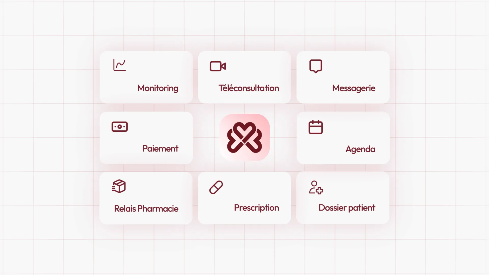 Les briques santé Hellocare : monitoring, téléconsultation, messagerie, paiement, agenda, relais pharmacie, prescription et dossier patient, disposées autour du logo Hellocare